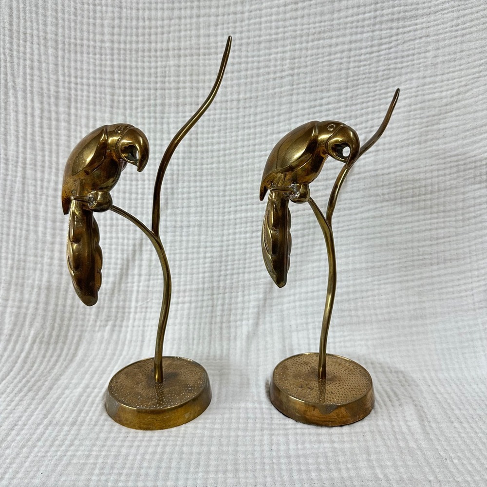 2 Vintage Brass Metal Parrots birds on Stand Sculptures MCM 14"